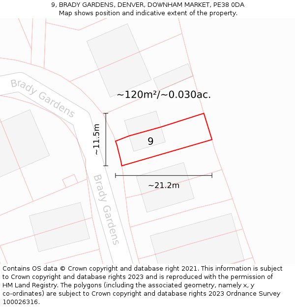 9, BRADY GARDENS, DENVER, DOWNHAM MARKET, PE38 0DA: Plot and title map