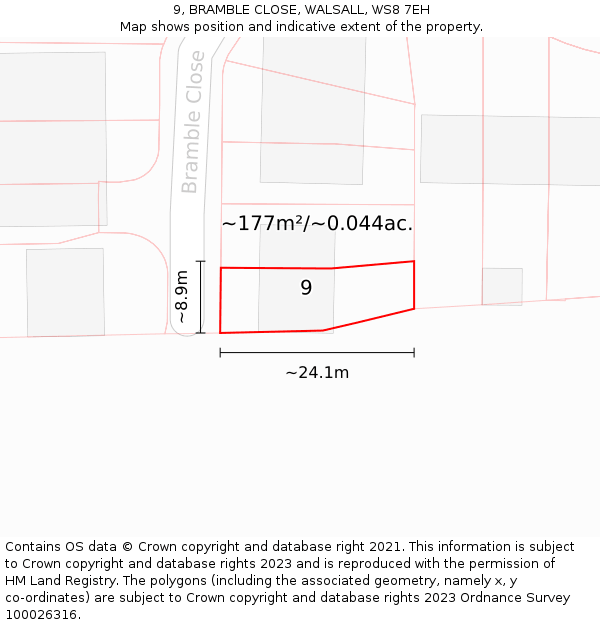 9, BRAMBLE CLOSE, WALSALL, WS8 7EH: Plot and title map