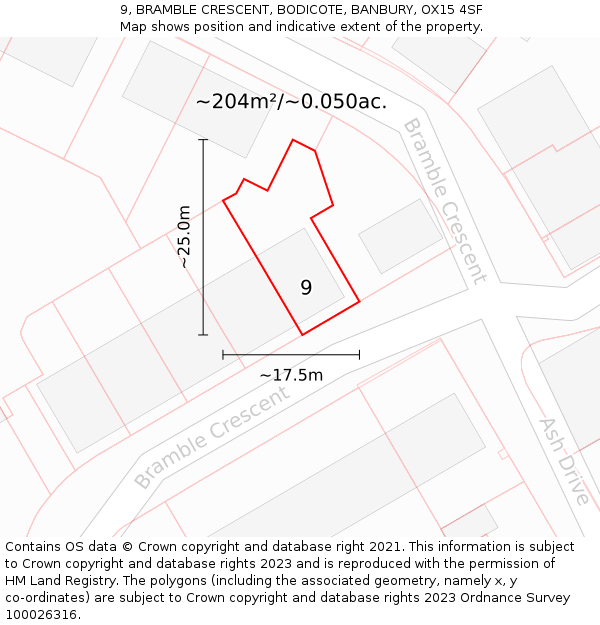 9, BRAMBLE CRESCENT, BODICOTE, BANBURY, OX15 4SF: Plot and title map