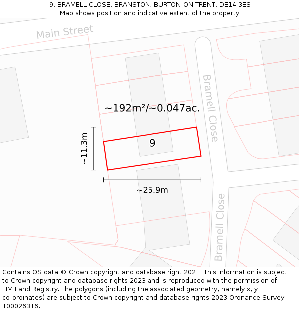 9, BRAMELL CLOSE, BRANSTON, BURTON-ON-TRENT, DE14 3ES: Plot and title map