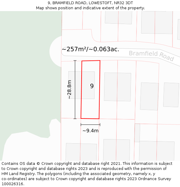 9, BRAMFIELD ROAD, LOWESTOFT, NR32 3DT: Plot and title map
