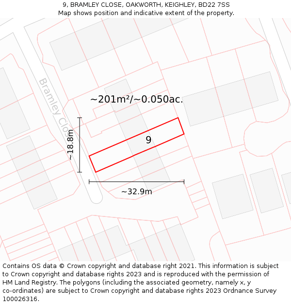9, BRAMLEY CLOSE, OAKWORTH, KEIGHLEY, BD22 7SS: Plot and title map