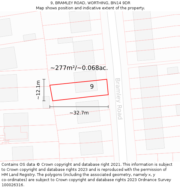9, BRAMLEY ROAD, WORTHING, BN14 9DR: Plot and title map