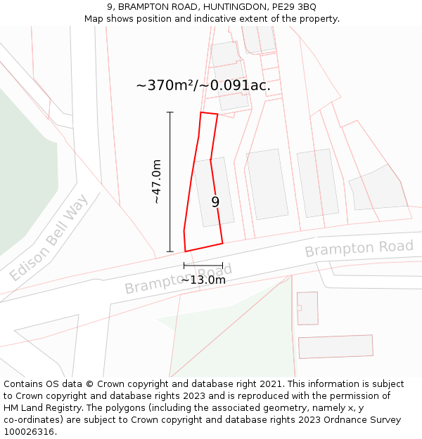 9, BRAMPTON ROAD, HUNTINGDON, PE29 3BQ: Plot and title map