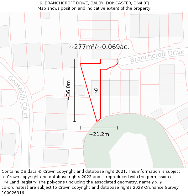 9, BRANCHCROFT DRIVE, BALBY, DONCASTER, DN4 8TJ: Plot and title map
