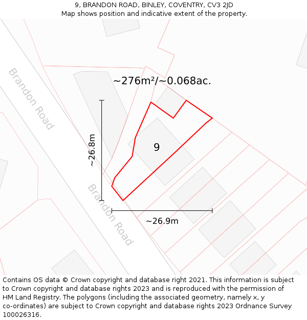 9, BRANDON ROAD, BINLEY, COVENTRY, CV3 2JD: Plot and title map