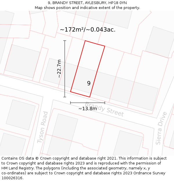 9, BRANDY STREET, AYLESBURY, HP18 0YN: Plot and title map