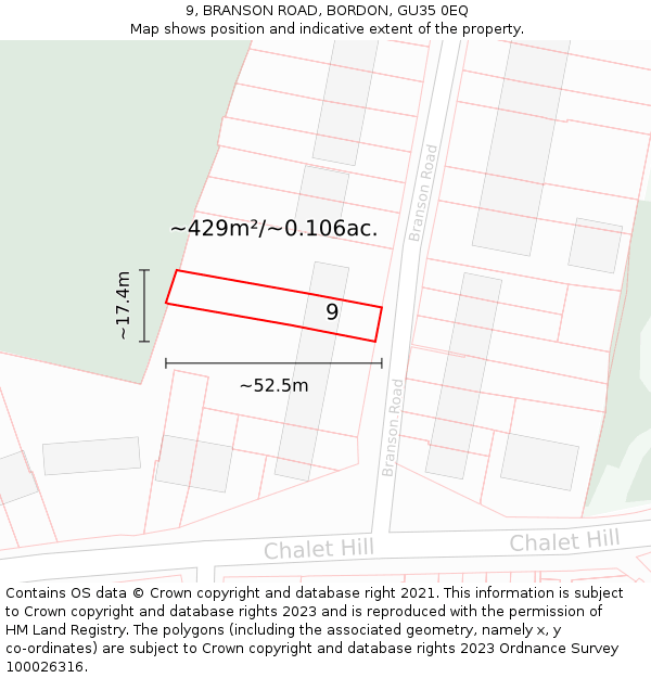 9, BRANSON ROAD, BORDON, GU35 0EQ: Plot and title map