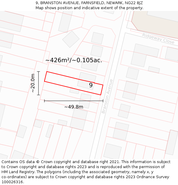 9, BRANSTON AVENUE, FARNSFIELD, NEWARK, NG22 8JZ: Plot and title map