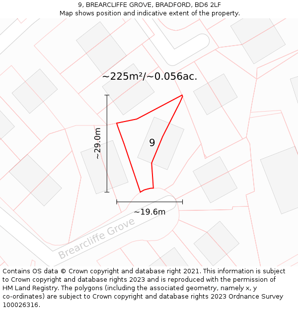 9, BREARCLIFFE GROVE, BRADFORD, BD6 2LF: Plot and title map
