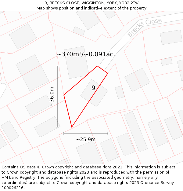 9, BRECKS CLOSE, WIGGINTON, YORK, YO32 2TW: Plot and title map