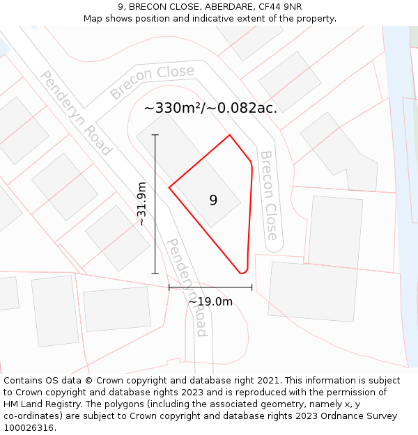 9, BRECON CLOSE, ABERDARE, CF44 9NR: Plot and title map