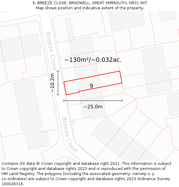 9, BREEZE CLOSE, BRADWELL, GREAT YARMOUTH, NR31 9XT: Plot and title map