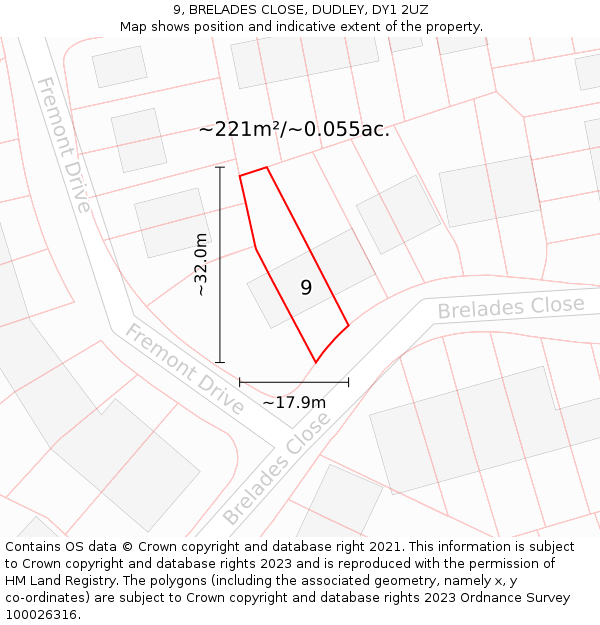 9, BRELADES CLOSE, DUDLEY, DY1 2UZ: Plot and title map
