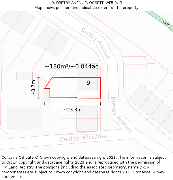 9, BRETBY AVENUE, OSSETT, WF5 9UB: Plot and title map