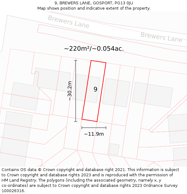 9, BREWERS LANE, GOSPORT, PO13 0JU: Plot and title map