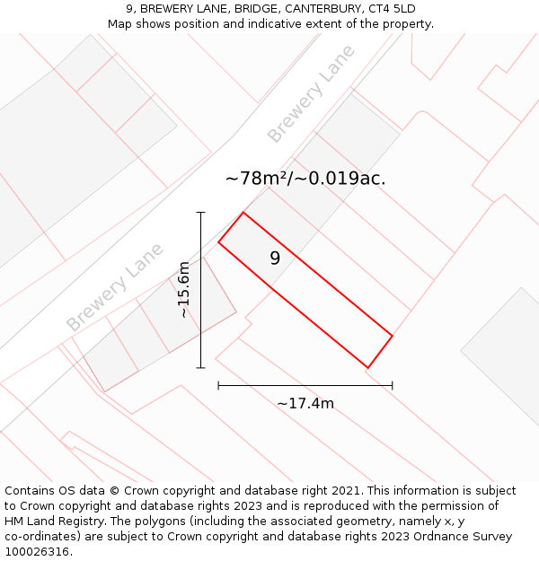 9, BREWERY LANE, BRIDGE, CANTERBURY, CT4 5LD: Plot and title map