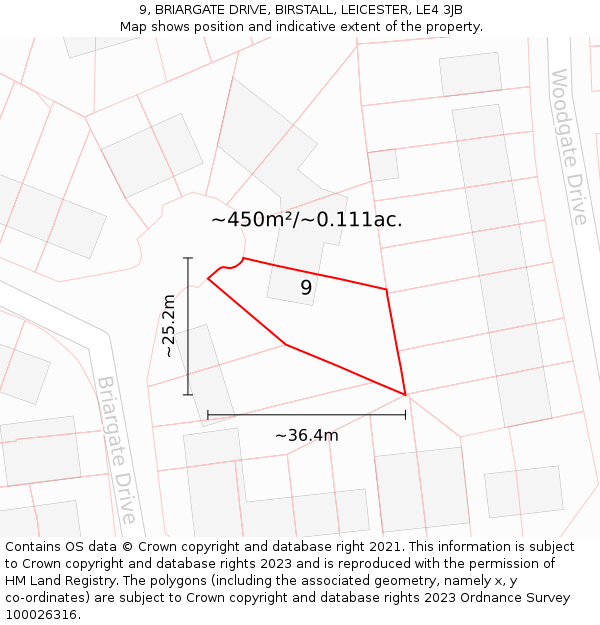 9, BRIARGATE DRIVE, BIRSTALL, LEICESTER, LE4 3JB: Plot and title map
