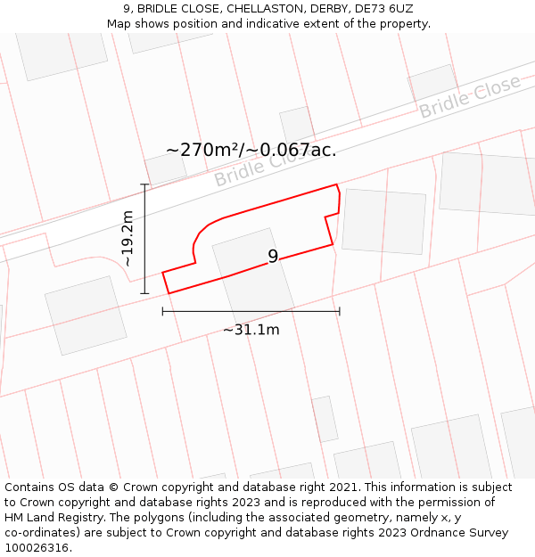 9, BRIDLE CLOSE, CHELLASTON, DERBY, DE73 6UZ: Plot and title map