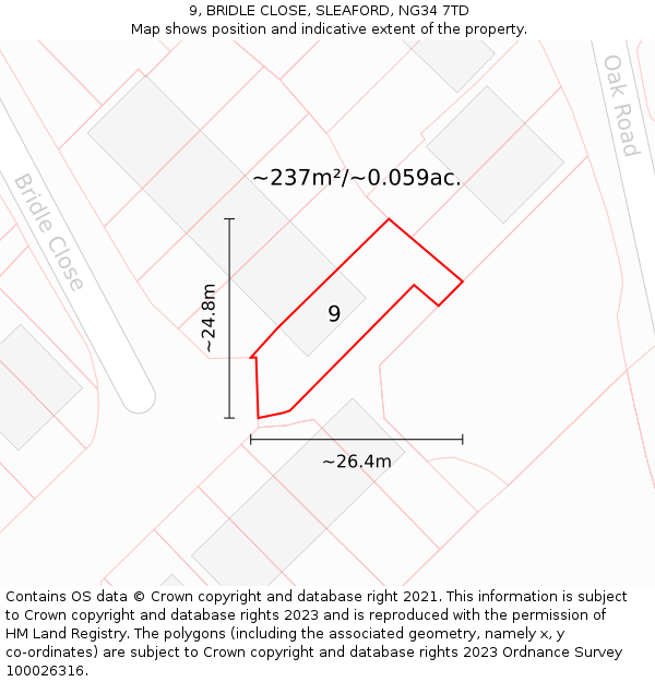9, BRIDLE CLOSE, SLEAFORD, NG34 7TD: Plot and title map