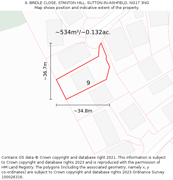 9, BRIDLE CLOSE, STANTON HILL, SUTTON-IN-ASHFIELD, NG17 3NG: Plot and title map
