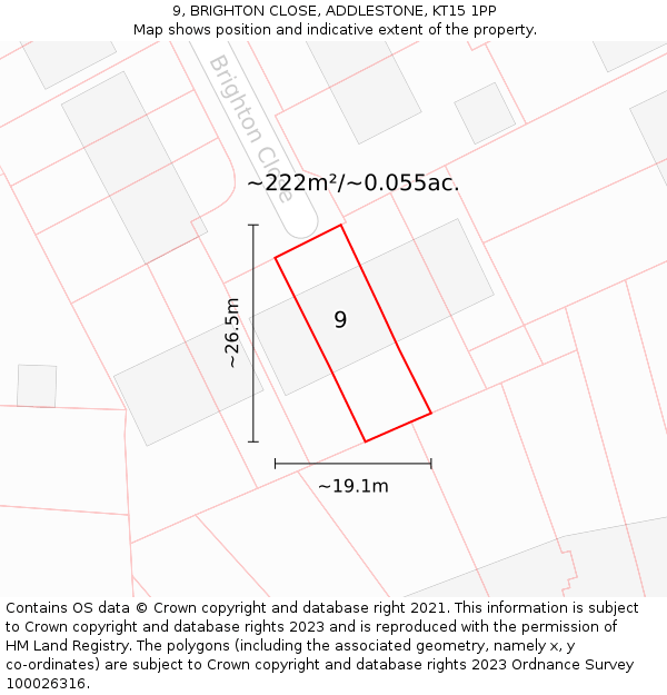 9, BRIGHTON CLOSE, ADDLESTONE, KT15 1PP: Plot and title map