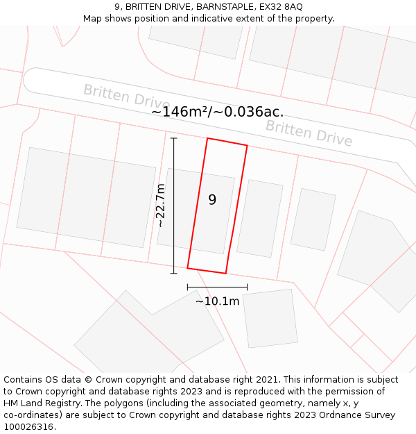 9, BRITTEN DRIVE, BARNSTAPLE, EX32 8AQ: Plot and title map