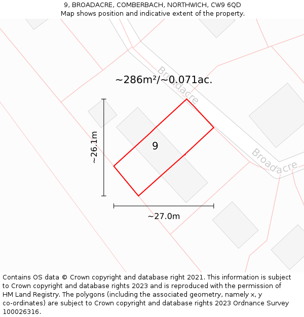 9, BROADACRE, COMBERBACH, NORTHWICH, CW9 6QD: Plot and title map