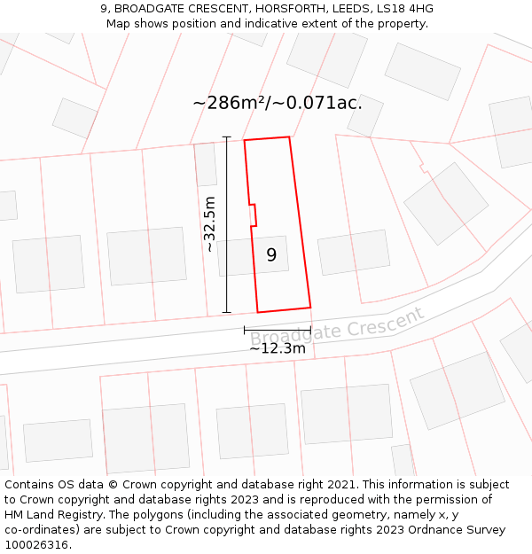 9, BROADGATE CRESCENT, HORSFORTH, LEEDS, LS18 4HG: Plot and title map