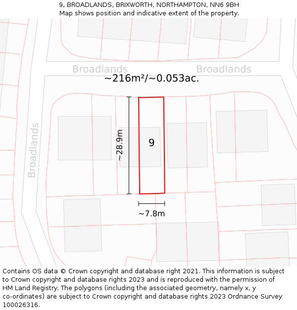 9, BROADLANDS, BRIXWORTH, NORTHAMPTON, NN6 9BH: Plot and title map