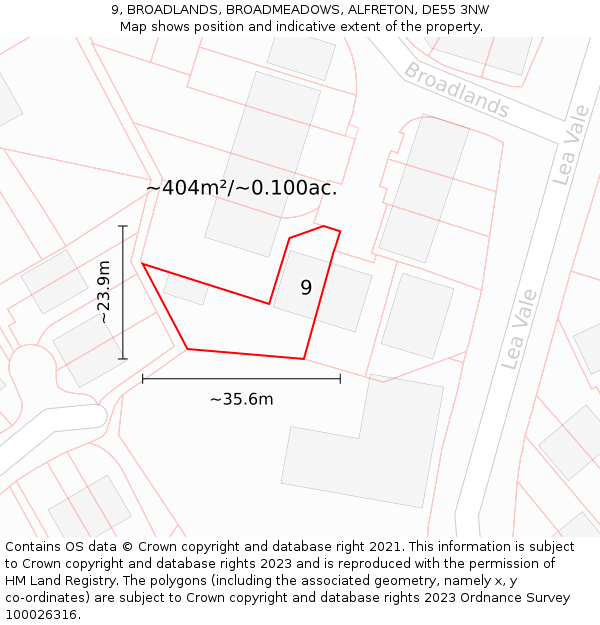 9, BROADLANDS, BROADMEADOWS, ALFRETON, DE55 3NW: Plot and title map