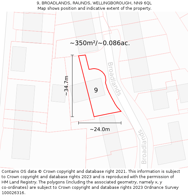 9, BROADLANDS, RAUNDS, WELLINGBOROUGH, NN9 6QL: Plot and title map