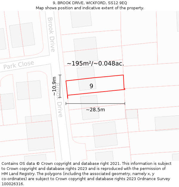 9, BROOK DRIVE, WICKFORD, SS12 9EQ: Plot and title map