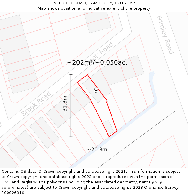 9, BROOK ROAD, CAMBERLEY, GU15 3AP: Plot and title map