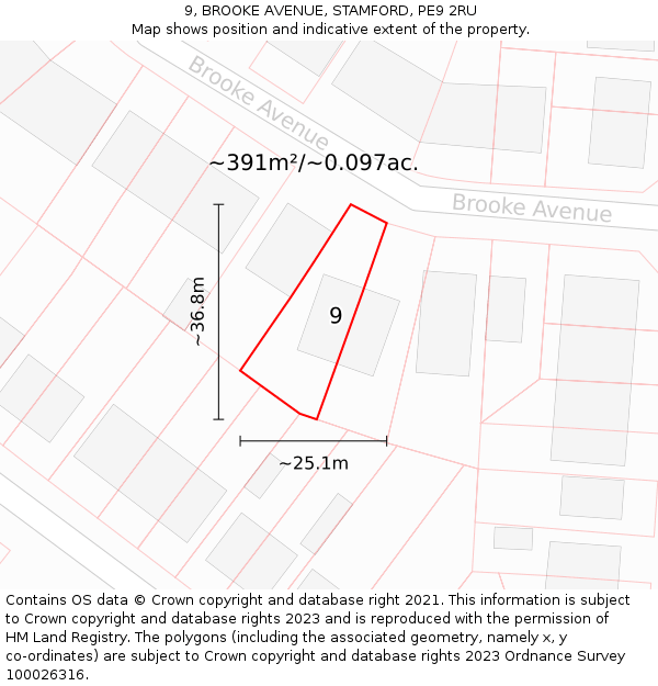 9, BROOKE AVENUE, STAMFORD, PE9 2RU: Plot and title map