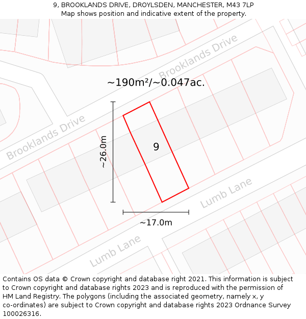 9, BROOKLANDS DRIVE, DROYLSDEN, MANCHESTER, M43 7LP: Plot and title map