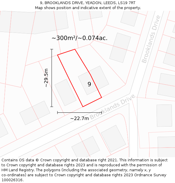9, BROOKLANDS DRIVE, YEADON, LEEDS, LS19 7RT: Plot and title map