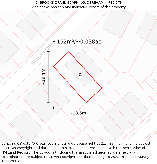 9, BROOKS DRIVE, SCARNING, DEREHAM, NR19 2TB: Plot and title map