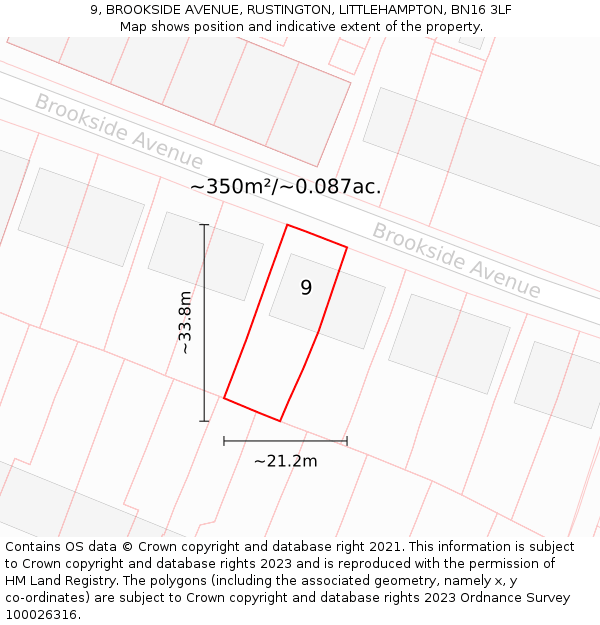 9, BROOKSIDE AVENUE, RUSTINGTON, LITTLEHAMPTON, BN16 3LF: Plot and title map