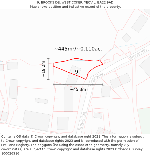 9, BROOKSIDE, WEST COKER, YEOVIL, BA22 9AD: Plot and title map