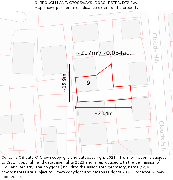 9, BROUGH LANE, CROSSWAYS, DORCHESTER, DT2 8WU: Plot and title map