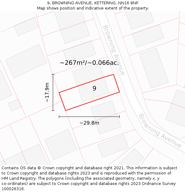 9, BROWNING AVENUE, KETTERING, NN16 8NP: Plot and title map