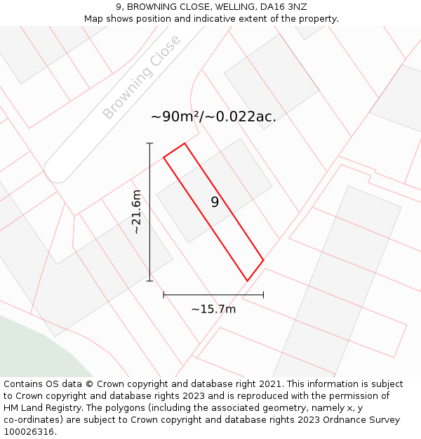 9, BROWNING CLOSE, WELLING, DA16 3NZ: Plot and title map