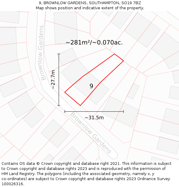 9, BROWNLOW GARDENS, SOUTHAMPTON, SO19 7BZ: Plot and title map