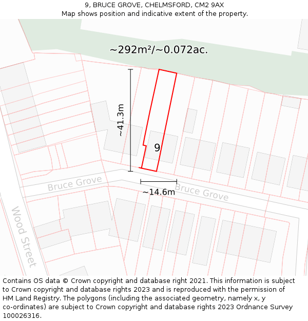 9, BRUCE GROVE, CHELMSFORD, CM2 9AX: Plot and title map