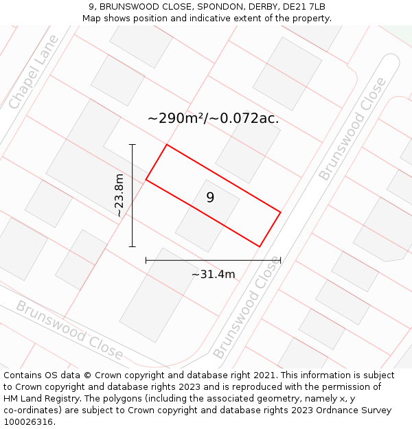 9, BRUNSWOOD CLOSE, SPONDON, DERBY, DE21 7LB: Plot and title map