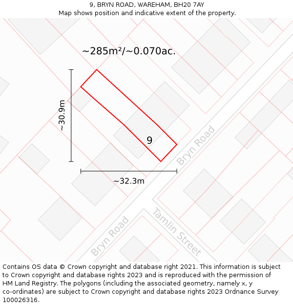 9, BRYN ROAD, WAREHAM, BH20 7AY: Plot and title map