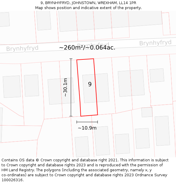 9, BRYNHYFRYD, JOHNSTOWN, WREXHAM, LL14 1PR: Plot and title map