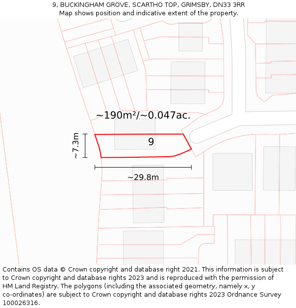 9, BUCKINGHAM GROVE, SCARTHO TOP, GRIMSBY, DN33 3RR: Plot and title map