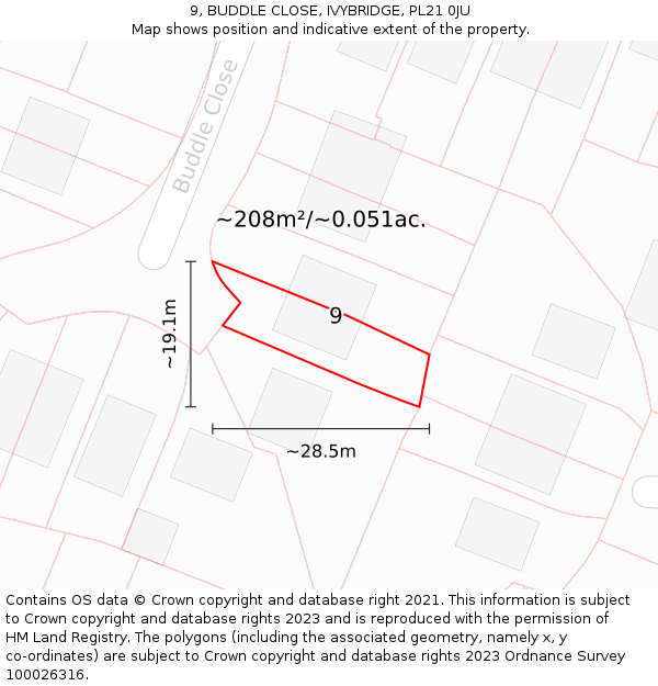 9, BUDDLE CLOSE, IVYBRIDGE, PL21 0JU: Plot and title map